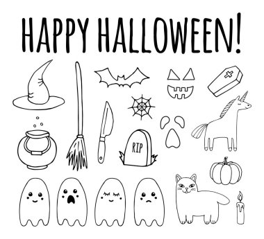 Beyaz arka planda izole Cadılar Bayramı öğeleri el çizimi bohça