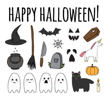 Farklı renk el çizimleri içeren vektör demeti beyaz arkaplanda izole Cadılar Bayramı ögeleri çizimi