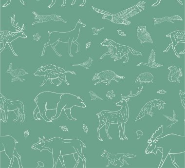 Beyaz elin kusursuz çizimi. Nane arkaplanda izole edilmiş vahşi orman hayvanları çizimi.