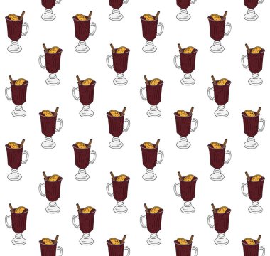 Renkli el çiziminin vektörsüz deseni. Beyaz arka planda izole edilmiş sıcak şarap kadehi.