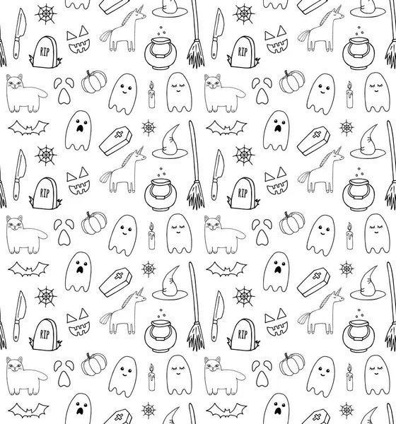 Vector Seamless Pattern Hand Drawn Doodle Sketch Halloween Elements Isolated — Stock Vector