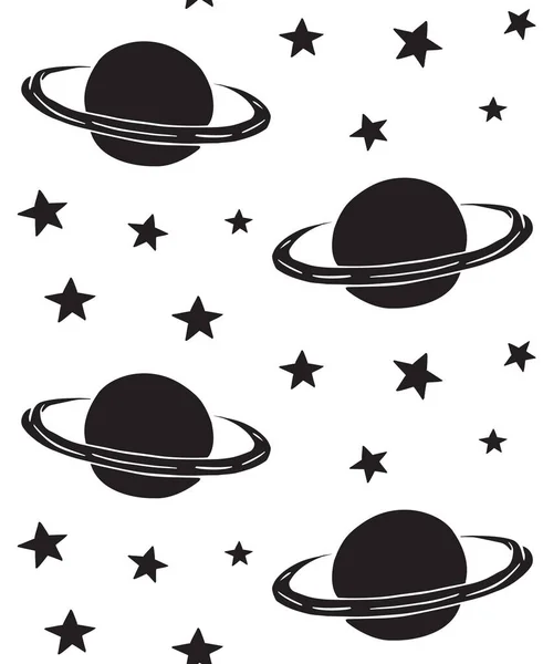 Vector seamless pattern of saturn planet and stars — Stock Vector