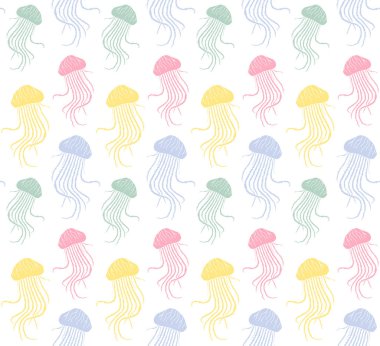 Pastel renginde kusursuz desen çizilmiş karalama, beyaz arka planda izole edilmiş denizanası resmi.