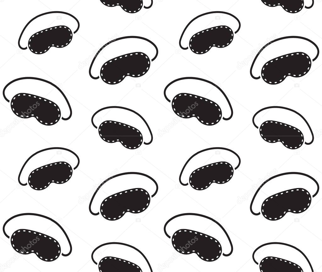 Vector seamless pattern of black hand drawn doodle sketch sleeping mask isolated on white background