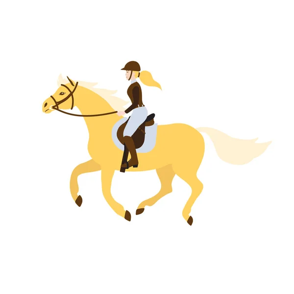 Vector Flat Cartoon Blond Girl Woman Riding Galloping Horse Show — Stock Vector