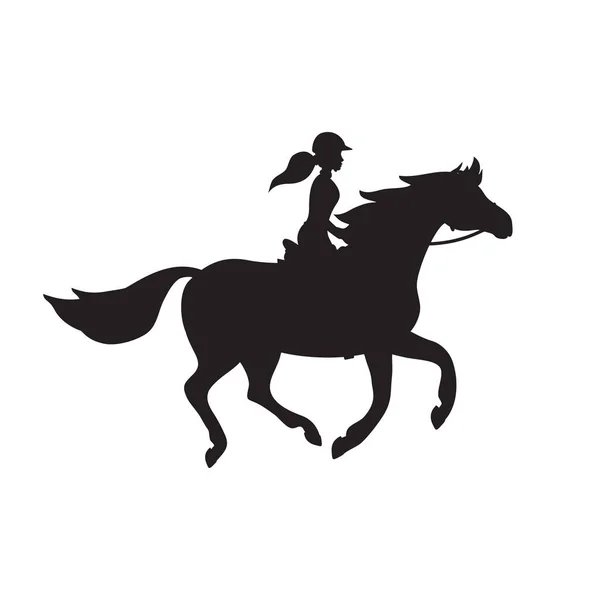 Vector Flat Girl Woman Riding Galloping Horse Silhouette Isolated White — Stock Vector