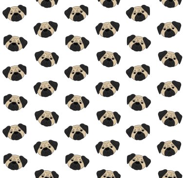 El çiziminin vektörsüz deseni beyaz arkaplanda izole edilmiş renkli pug köpek yüzü çizimi