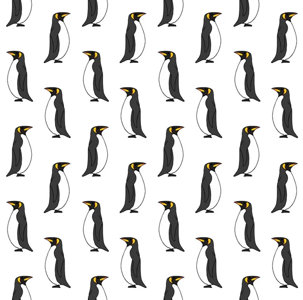 彩色手绘涂鸦素描企鹅在白色背景下的矢量无缝图案 — 图库矢量图片