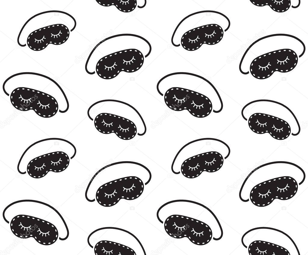 Vector seamless pattern of black hand drawn doodle sketch sleeping mask with closed eyes isolated on white background