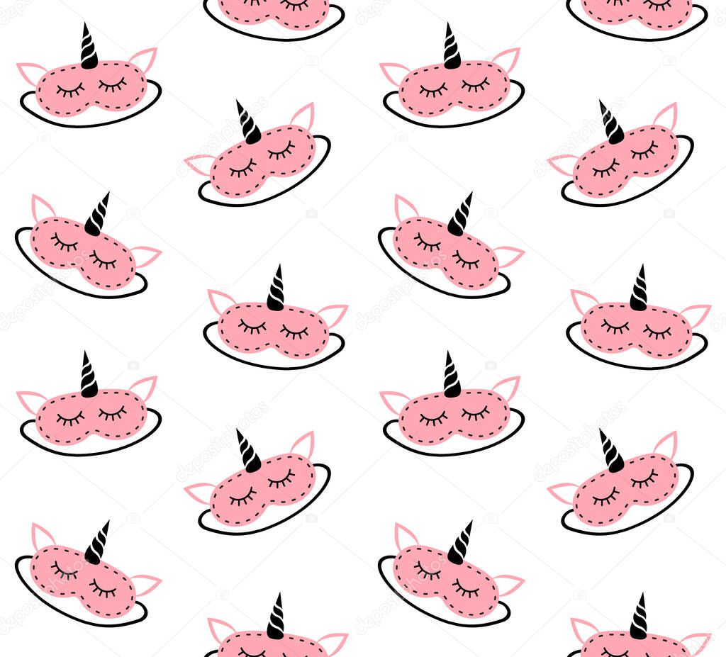 Vector seamless pattern of pink flat cartoon unicorn sleeping mask isolated on white background