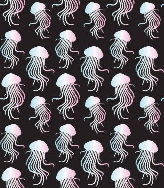 Holografik elin vektörsüz deseni siyah arka planda izole edilmiş denizanası silueti çizilmiş.