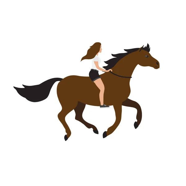 Vector Flat Cartoon Girl Woman Riding Free Horse Isolated White — Stock Vector