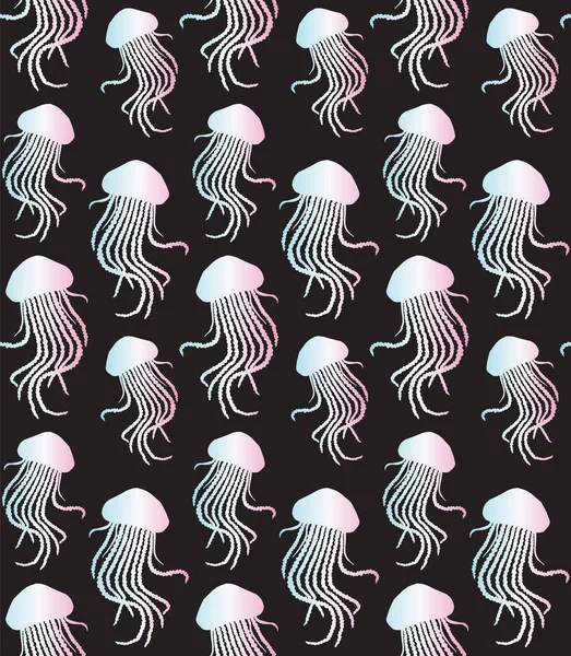 Holografik elin vektörsüz deseni siyah arka planda izole edilmiş denizanası silueti çizilmiş.