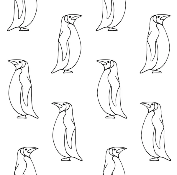 白色背景下孤立的手绘涂鸦草图企鹅的矢量无缝图案 — 图库矢量图片
