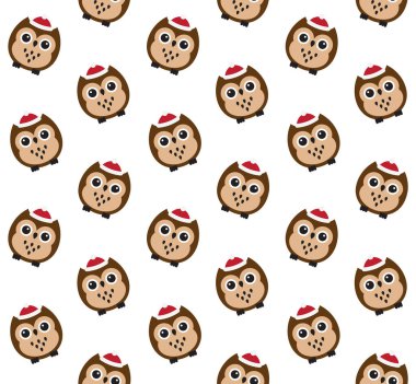 Beyaz arkaplanda izole edilmiş kış şapkalı düz çizgi film baykuşunun vektörsüz deseni