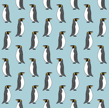 Renkli el çiziminin vektörsüz deseni mavi arkaplanda izole edilmiş karalama çizimi pengueni