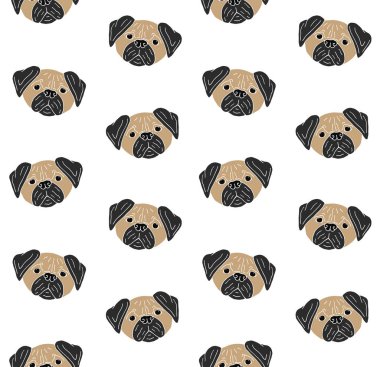 Renkli el çiziminin vektörsüz deseni beyaz arkaplanda izole edilmiş pug köpek yüzü çizimi