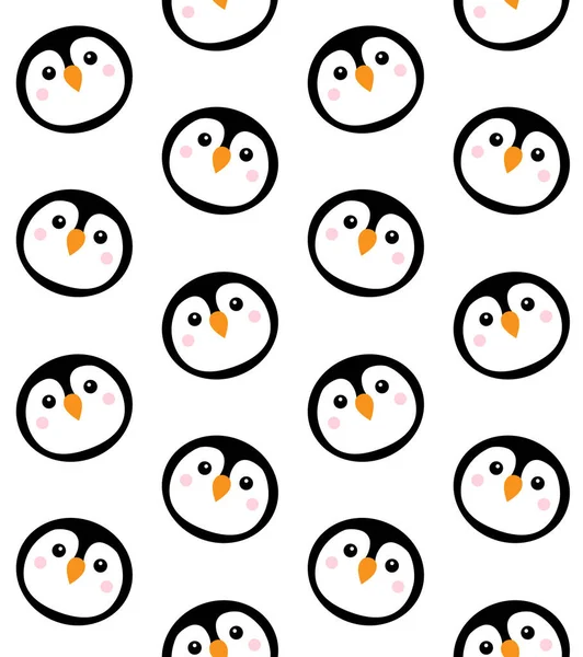 平面卡通圆形企鹅脸在白色背景下的矢量无缝图案 — 图库矢量图片
