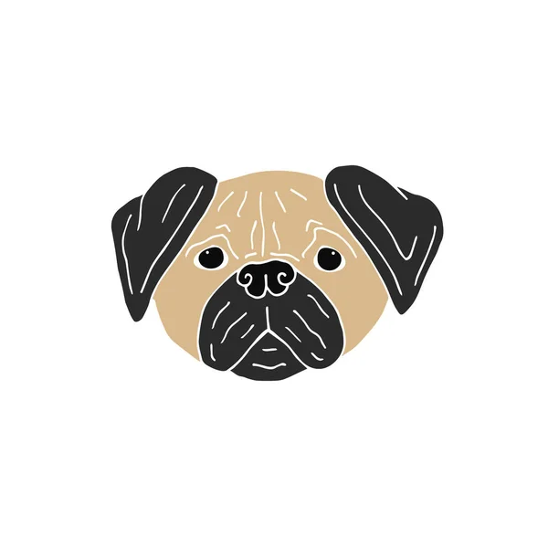 Vector Gekleurde Hand Getekend Doodle Schets Pug Hond Gezicht Geïsoleerd — Stockvector