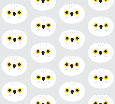 Gri arkaplanda izole edilmiş beyaz baykuş yüzü çizilmiş düz çizgi elin vektörsüz deseni