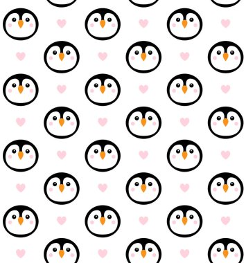 Beyaz arka planda izole edilmiş düz çizgili penguen yüzü ve kalpler.