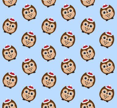 Mavi arka planda izole edilmiş, düz çizgi film renkli baykuşun vektör deseni.