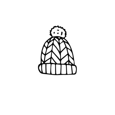 Vektör el çizimi çizimi, beyaz arkaplanda izole edilmiş kış şapkası.