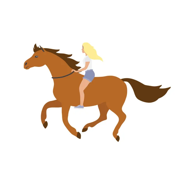 Vector Plana Dibujos Animados Chica Rubia Mujer Cabalgando Caballo Marrón — Archivo Imágenes Vectoriales