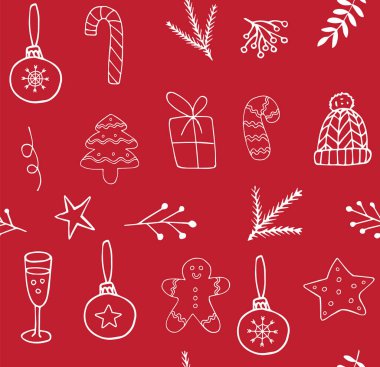 Beyaz elin kusursuz çizimi. Kırmızı arkaplanda izole edilmiş yeni yıl unsurları.