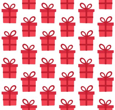 Beyaz arka planda izole edilmiş düz çizgi film kırmızı Noel hediye kutusunun vektörsüz deseni