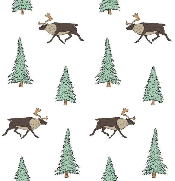 彩色手绘涂鸦草图驯鹿和云杉树在白色背景下的矢量无缝图案 — 图库矢量图片