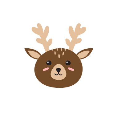 Vektör el çizilmiş karikatür düz çizgi film renkli geyik yüzü beyaz arka planda izole