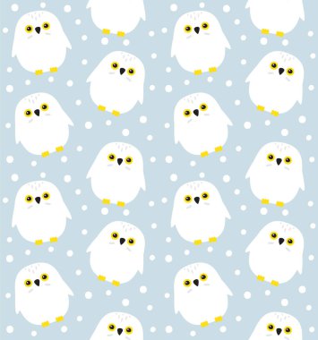 Düz çizgi film baykuşunun vektörsüz deseni ve gri arkaplanda izole edilmiş kar.