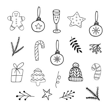 El çizimi karalama paketi vektörü beyaz arkaplanda izole edilmiş yeni yıl unsurlarını çiz