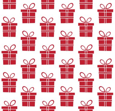 Beyaz arka planda izole edilmiş, düz kırmızı Noel hediye kutusunun vektörsüz deseni