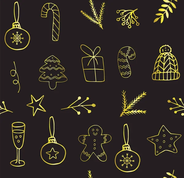 Vektor Nahtlose Muster Der Goldenen Hand Gezeichnet Doodle Skizze Weihnachten — Stockvektor
