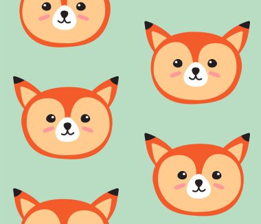 Nane yeşili arkaplanda izole edilmiş el çiziminin vektörsüz desenli karikatür tilki yüzü