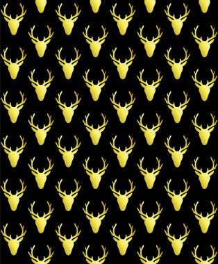 Siyah arka planda izole edilmiş, kusursuz altın geyik başı silueti deseni.