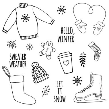 El çizimi karalama çizimi vektör paketi beyaz arkaplanda izole kış elementleri