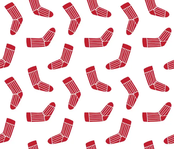 红彩色手绘涂鸦素描针织袜子在白色背景下的矢量无缝图案 — 图库矢量图片
