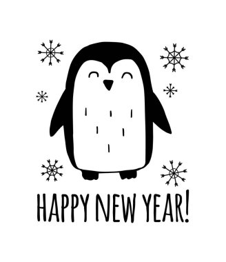 Vektör el çizimi çizimi. Penguen çizimi ve beyaz arka planda izole edilmiş mutlu yeni yıl harfleri.
