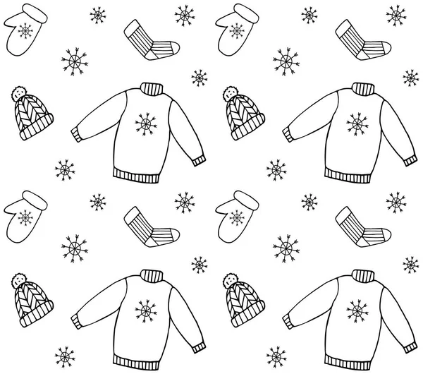 Vektor Bezešvé Vzor Ručně Kreslené Čmáranice Zimní Oblečení Izolované Bílém — Stockový vektor