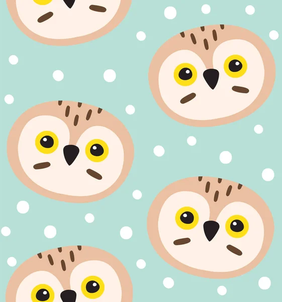 Vector Seamless Pattern Flat Cartoon Doodle Owl Face Snow Isolated — Stock Vector