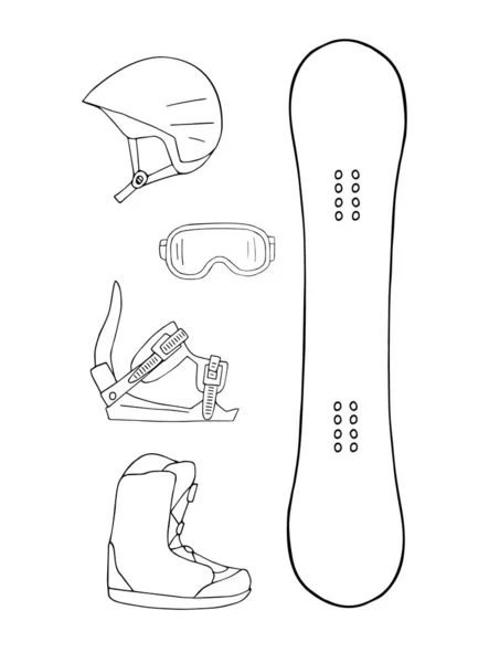 Σύνολο Διανυσματικών Δέσμη Του Χέρι Doodle Σκίτσο Snowboard Εξοπλισμού Που — Διανυσματικό Αρχείο