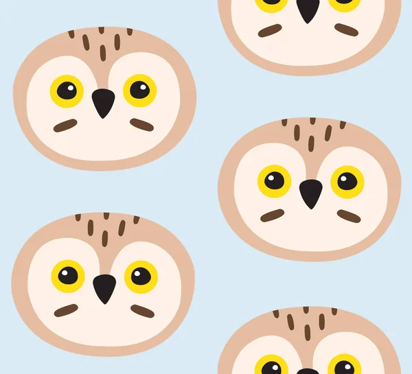 Vector Seamless Pattern Flat Cartoon Doodle Owl Face Isolated Blue — Stock Vector