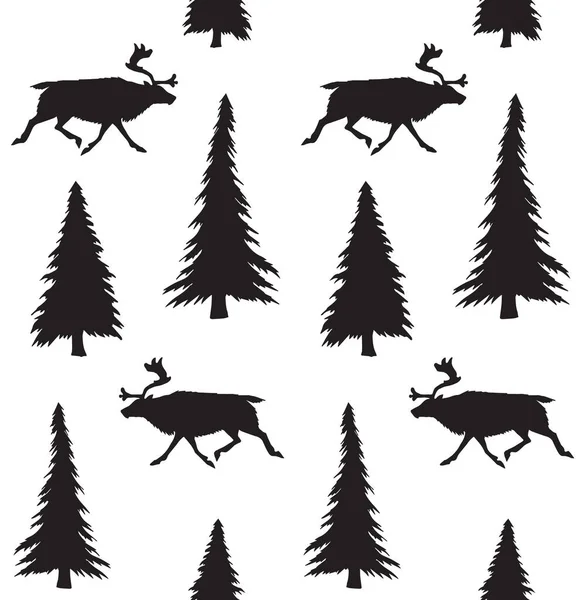 Vector Seamless Pattern Hand Drawn Reindeer Spruce Tree Silhouette Isolated — Stock Vector