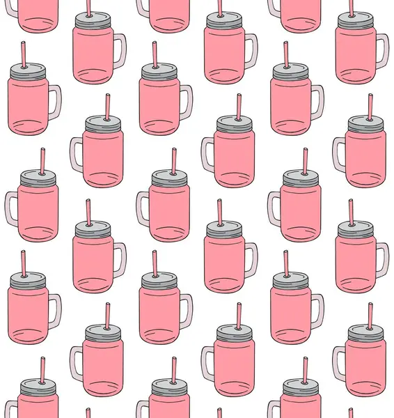 Векторный Бесшовный Рисунок Розовой Ручной Работы Набросок Чашки Смузи Банку — стоковый вектор