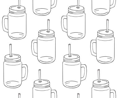 El çiziminin kusursuz deseni beyaz arkaplanda izole edilmiş karalama çizimi smoothie kavanozu.