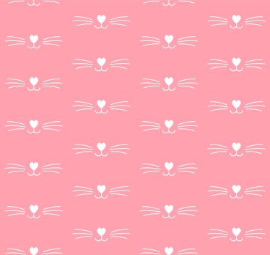 Pembe arka planda izole edilmiş beyaz kedi suratlı vektör deseni.