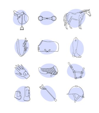 Vektör kümesi el çizimi karalama atı binicilik ekipmanı simgesi beyaz arkaplanda izole